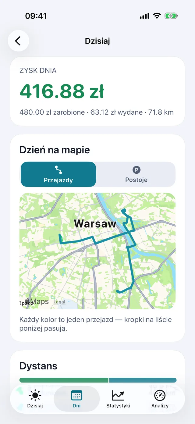 Dzień na mapie — Każdy kolor to jeden przejazd.