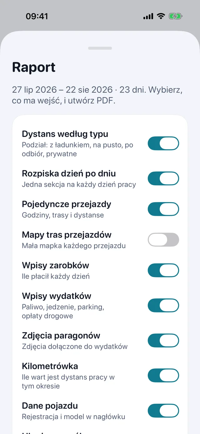 Karta raportu: przełączniki dla przejazdów, wpływów, kosztów i zdjęć paragonów, a potem PDF.