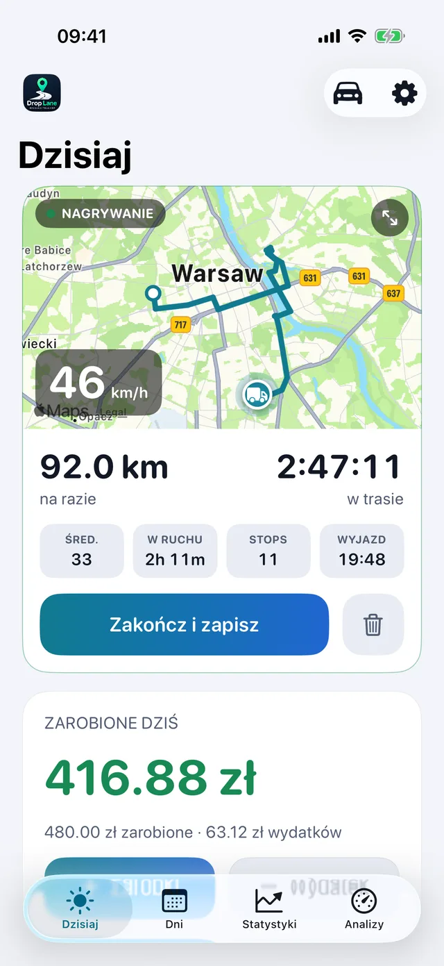 Ekran Dziś w DropLane: przejazd nagrywany na mapie, z dystansem, godzinami i zarobkiem dnia.