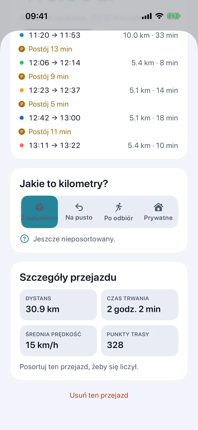 Sortowanie przejazdu — Służbowo, na pusto, po odbiór albo prywatnie.