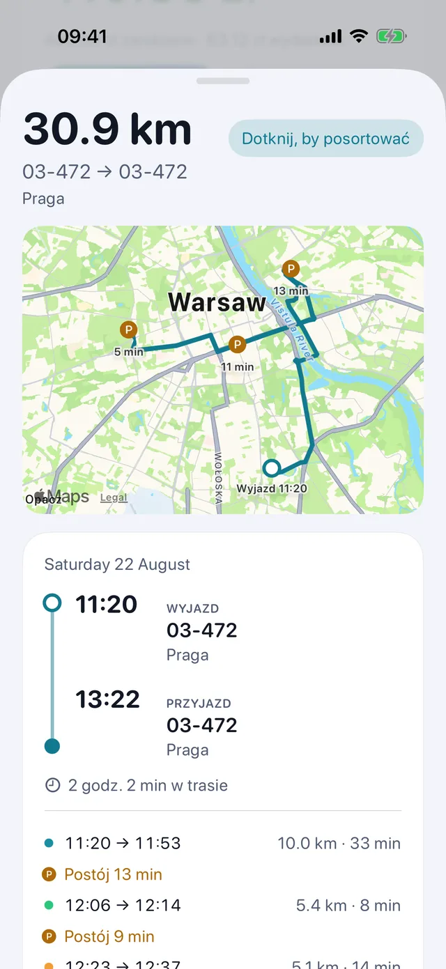 Jeden przejazd — Godziny, postoje i rodzaj kilometrów.