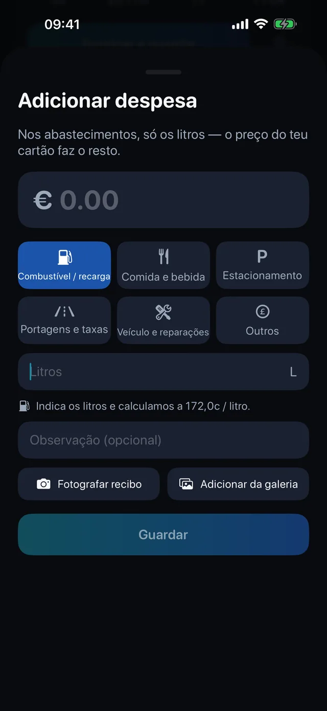 Custos — Combustível, comida, estacionamento, portagens.