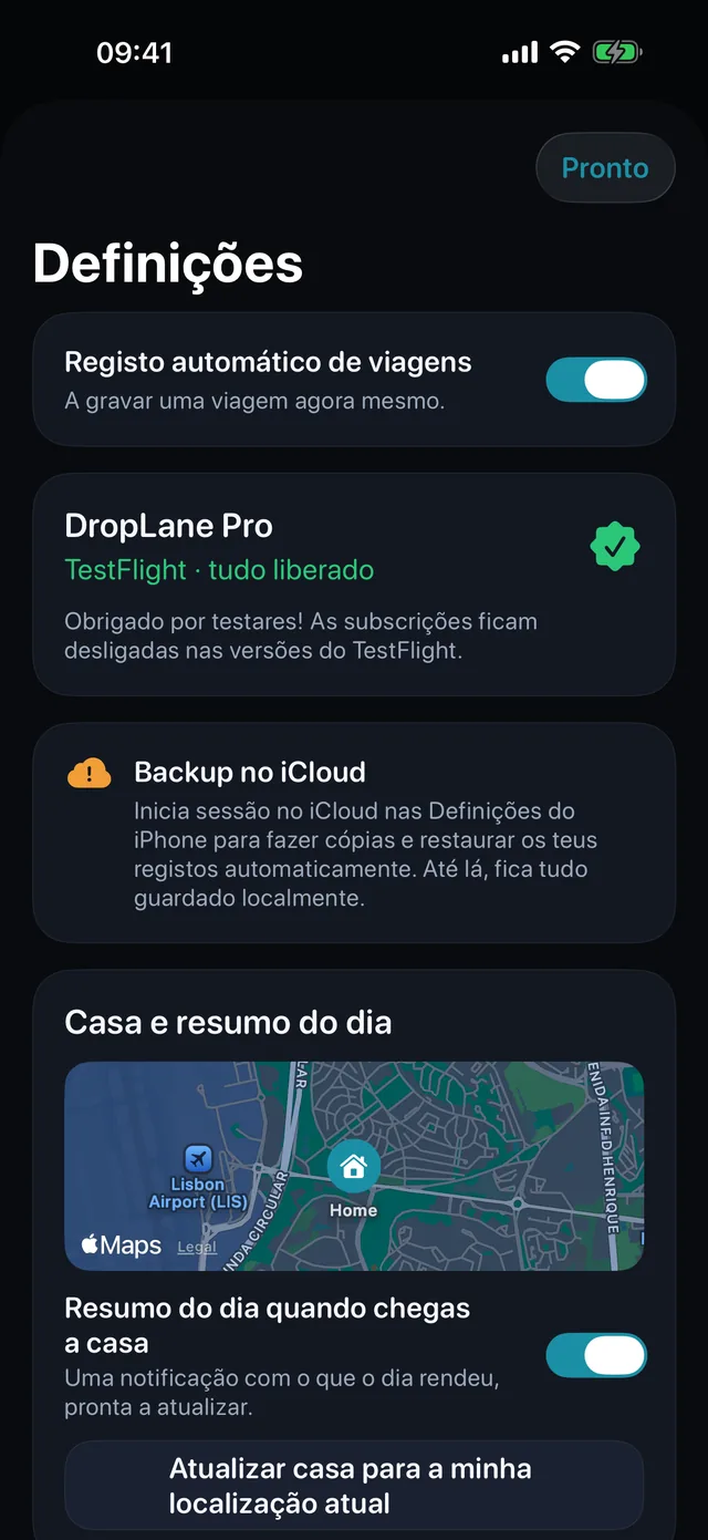 Definições — Quilómetros ou milhas. Claro ou escuro.