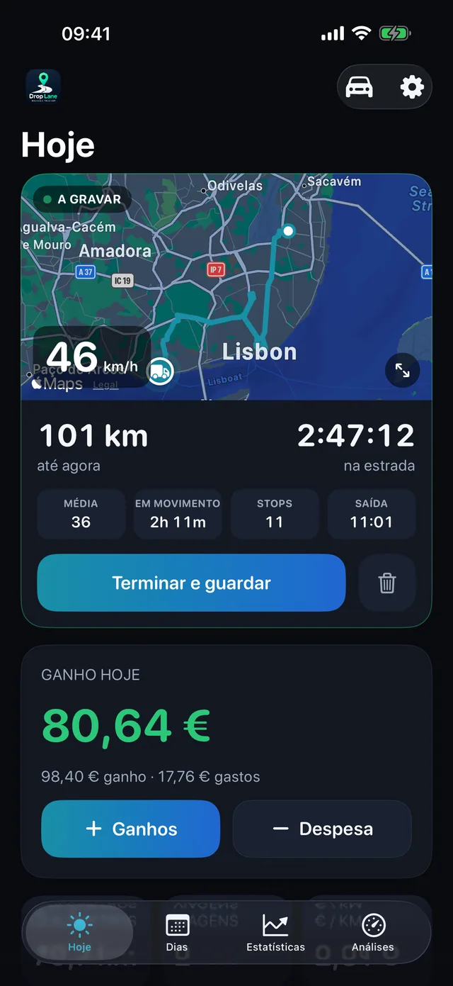 O ecrã Hoje da DropLane: uma viagem a ser gravada no mapa, com a distância, as horas e os ganhos do dia.
