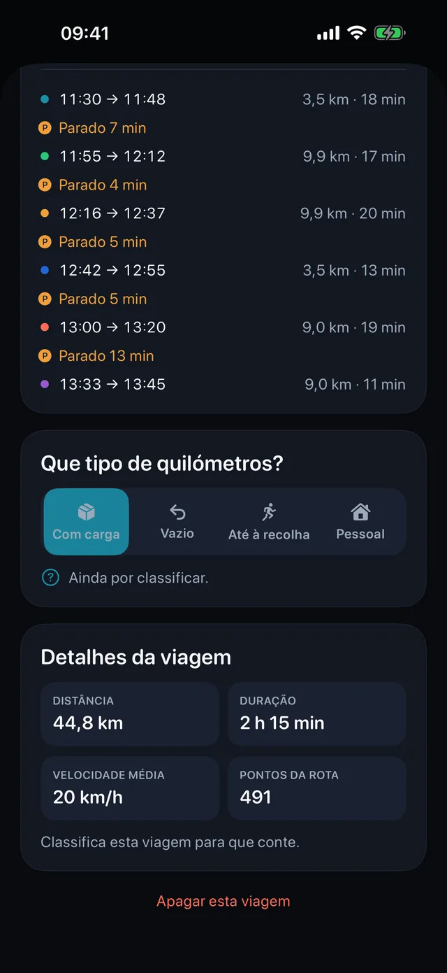 Classificar uma viagem — Com carga, vazio, a caminho ou pessoal.