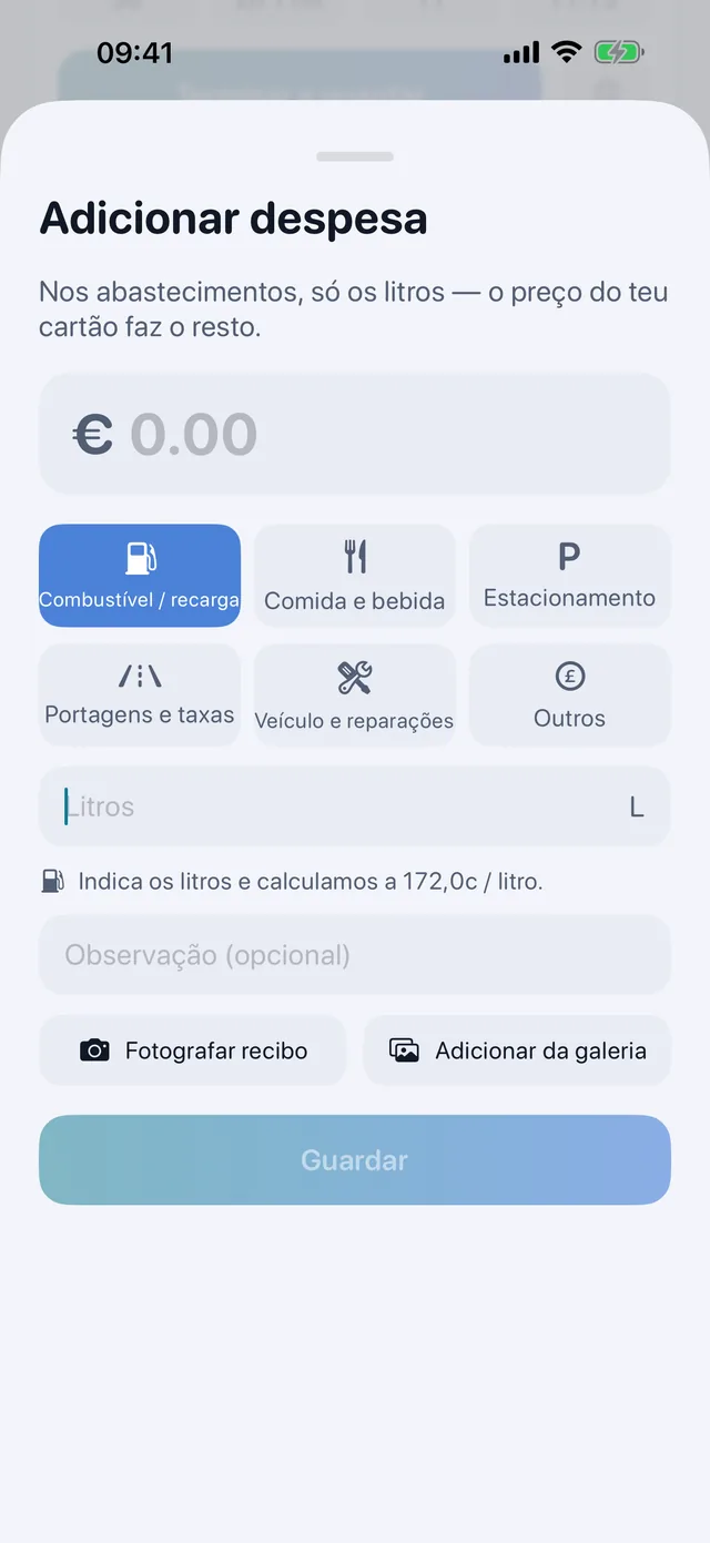 Custos — Combustível, comida, estacionamento, portagens.