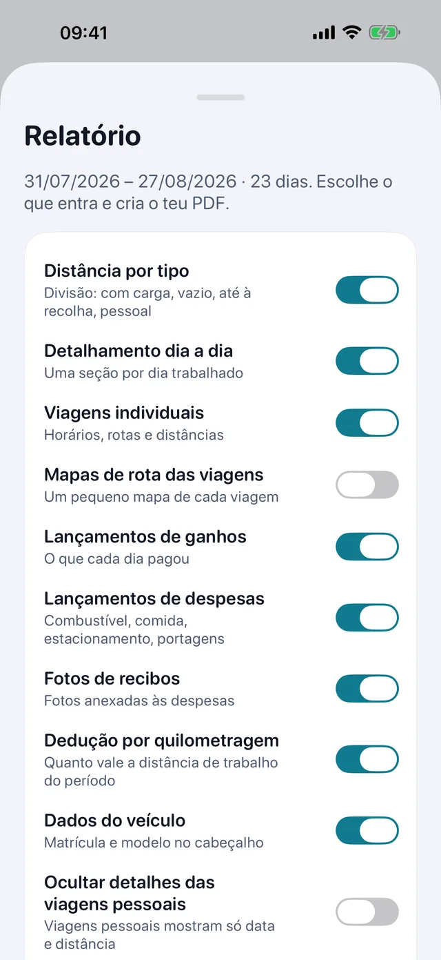 O relatório constrói-se sozinho — Marca o que entra, escolhe vertical ou horizontal, e o PDF para o contabilista fica pronto a enviar.