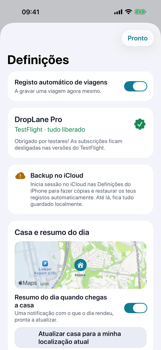 Definições — Quilómetros ou milhas. Claro ou escuro.