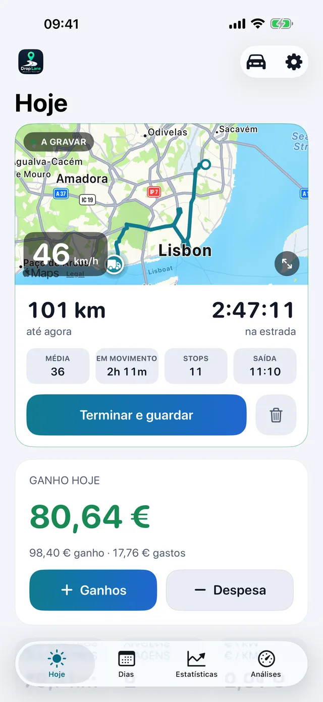 O ecrã Hoje da DropLane: uma viagem a ser gravada no mapa, com a distância, as horas e os ganhos do dia.
