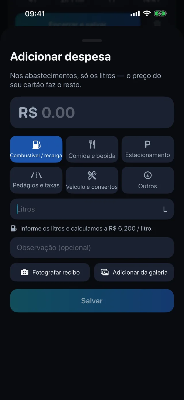 Custos — Combustível, comida, estacionamento, pedágios.
