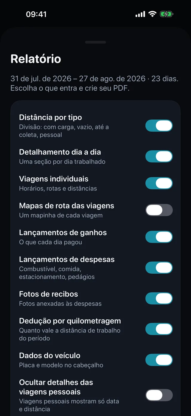 O relatório se monta sozinho — Marque o que entra, escolha retrato ou paisagem, e o PDF para o contador fica pronto para enviar.
