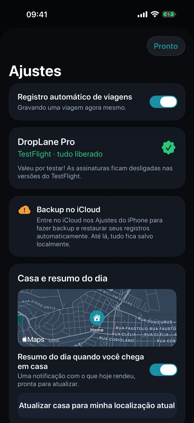 Ajustes — Quilômetros ou milhas. Claro ou escuro.