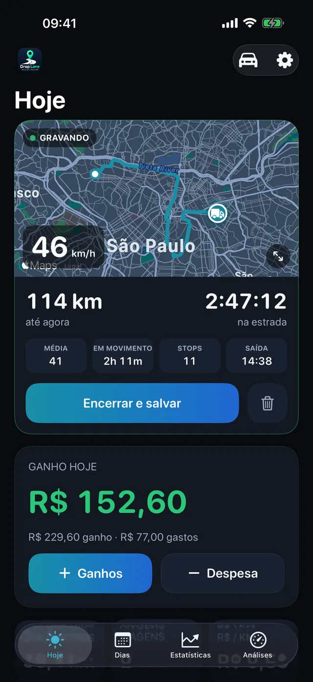 A tela Hoje do DropLane: uma viagem sendo gravada no mapa, com a distância, as horas e os ganhos do dia.