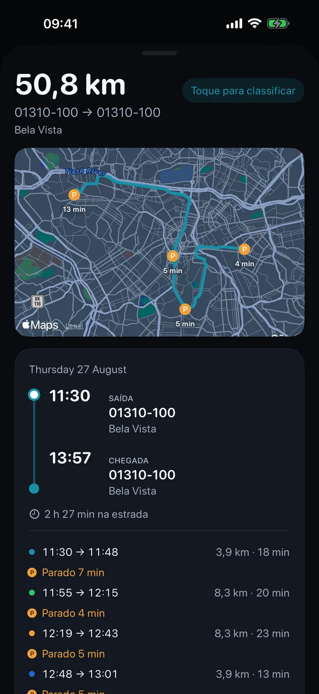 Uma viagem — Horários, paradas, e que tipo de quilômetros.