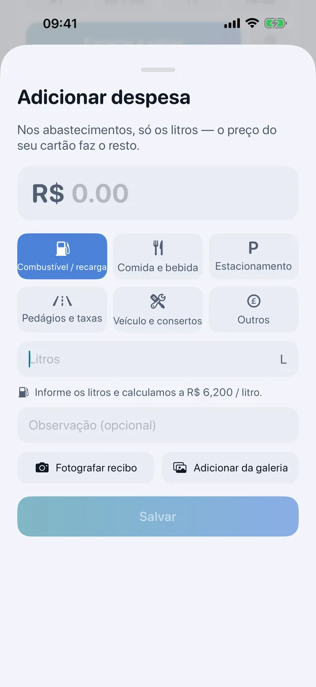 Custos — Combustível, comida, estacionamento, pedágios.