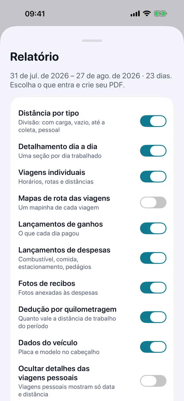 O relatório se monta sozinho — Marque o que entra, escolha retrato ou paisagem, e o PDF para o contador fica pronto para enviar.
