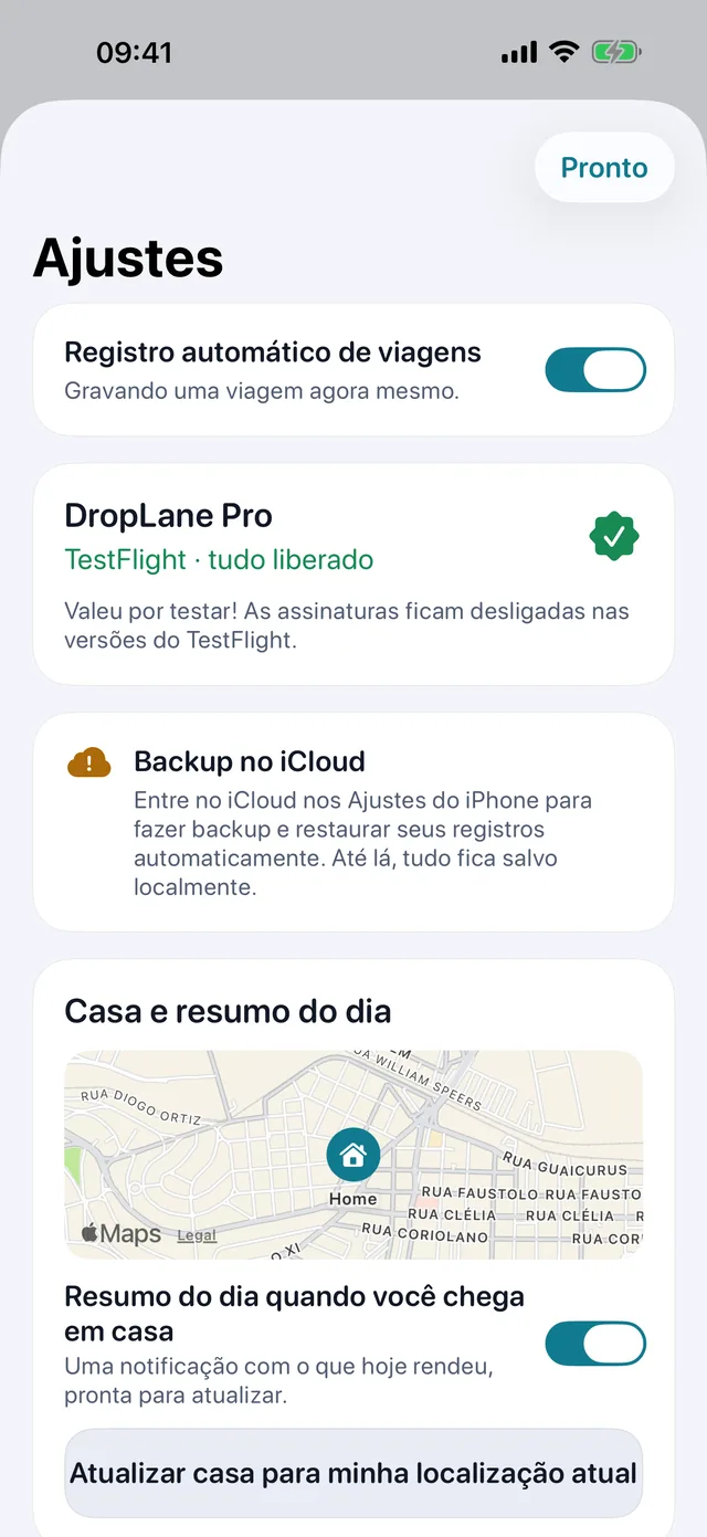 Ajustes — Quilômetros ou milhas. Claro ou escuro.