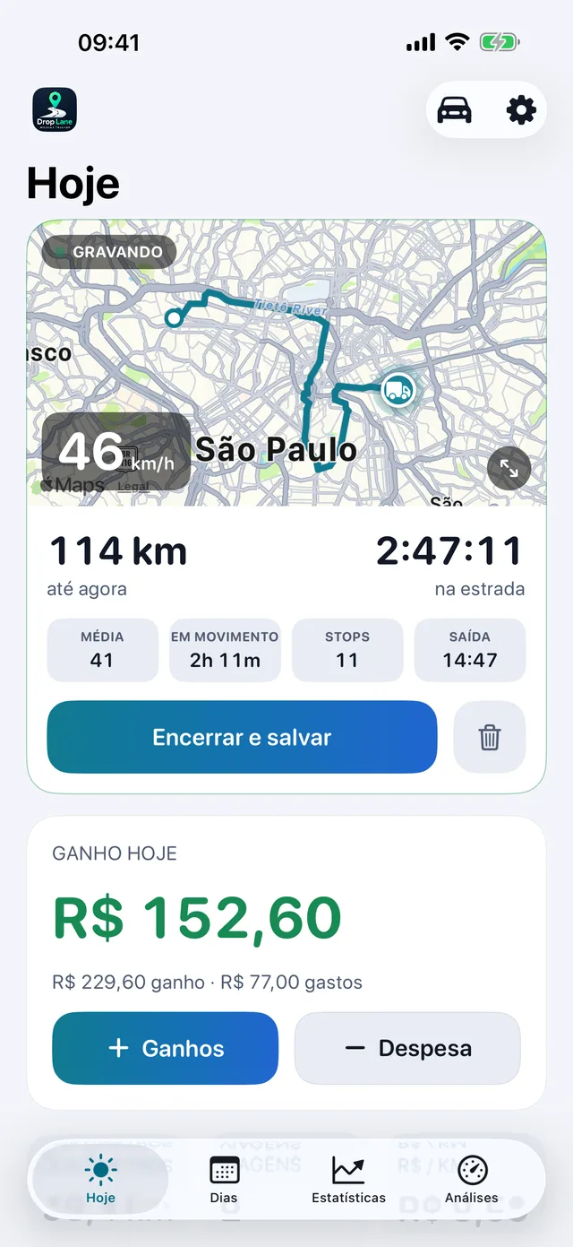 A tela Hoje do DropLane: uma viagem sendo gravada no mapa, com a distância, as horas e os ganhos do dia.