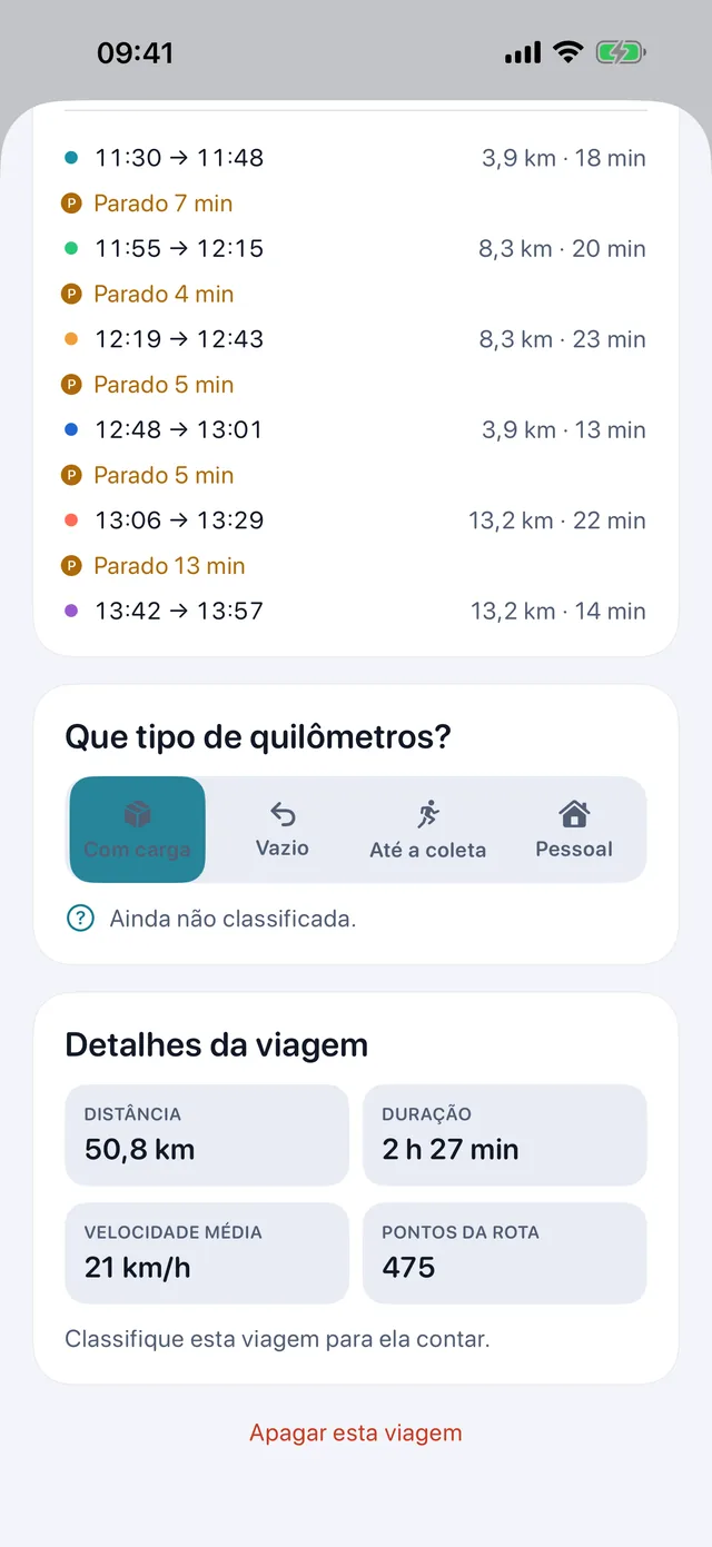 Classificando uma viagem — Com carga, vazio, até a coleta ou pessoal.