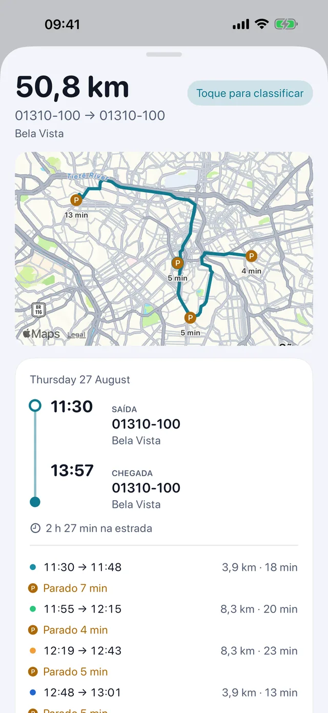 Uma viagem — Horários, paradas, e que tipo de quilômetros.