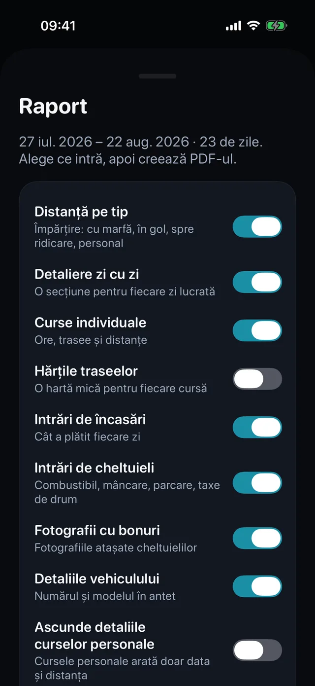 Fișa raportului: comutatoare pentru curse, încasări, cheltuieli și poze de bonuri, apoi PDF-ul.