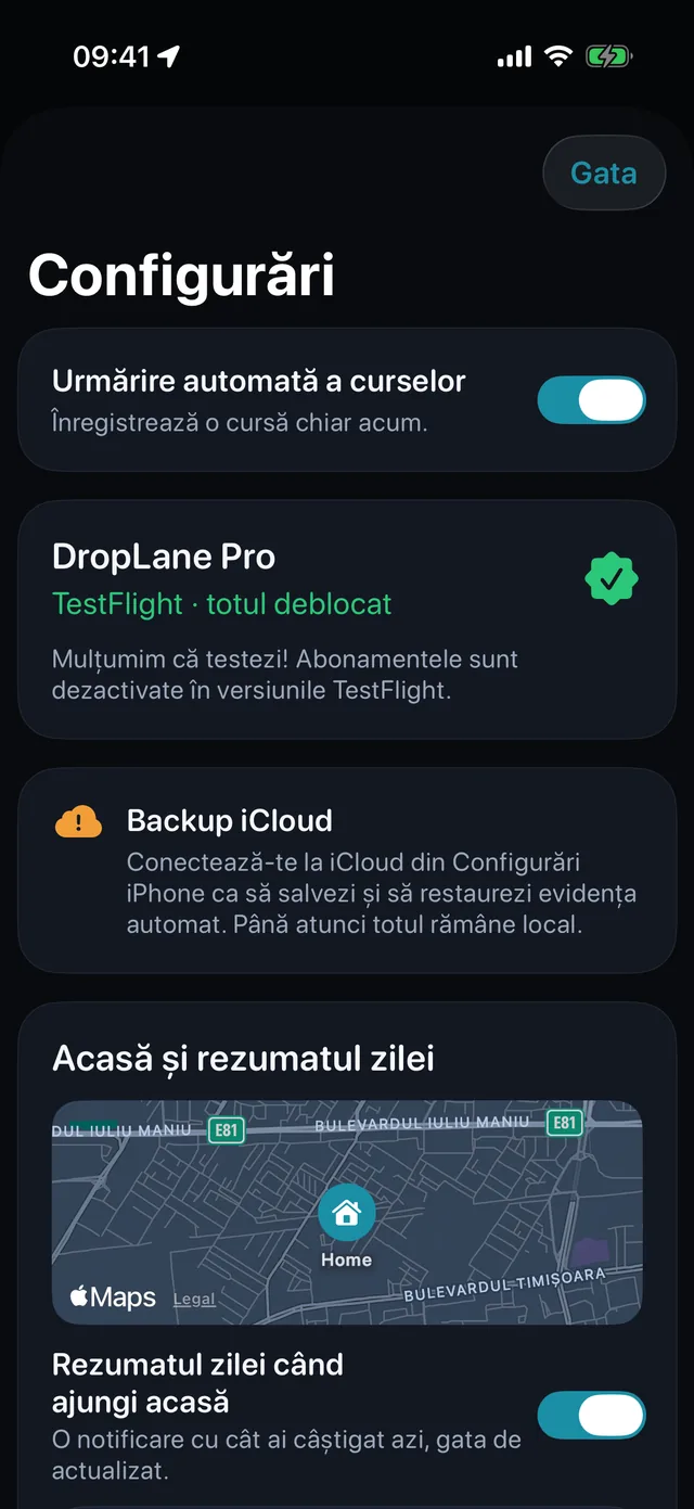 Setări — Kilometri sau mile. Luminos sau întunecat.