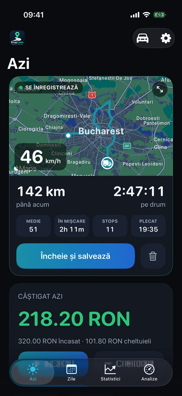 Ecranul Azi din DropLane: o cursă care se înregistrează pe hartă, cu distanța, orele și încasările zilei.