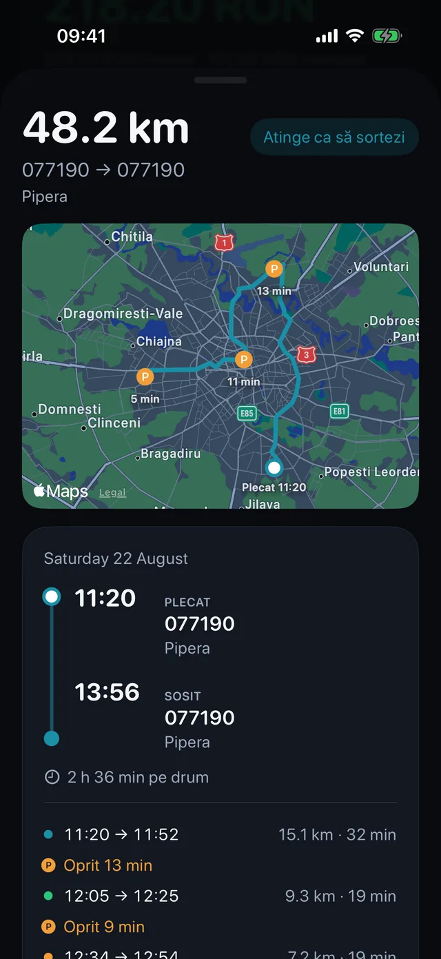 O cursă — Ore, opriri și ce fel de kilometri.