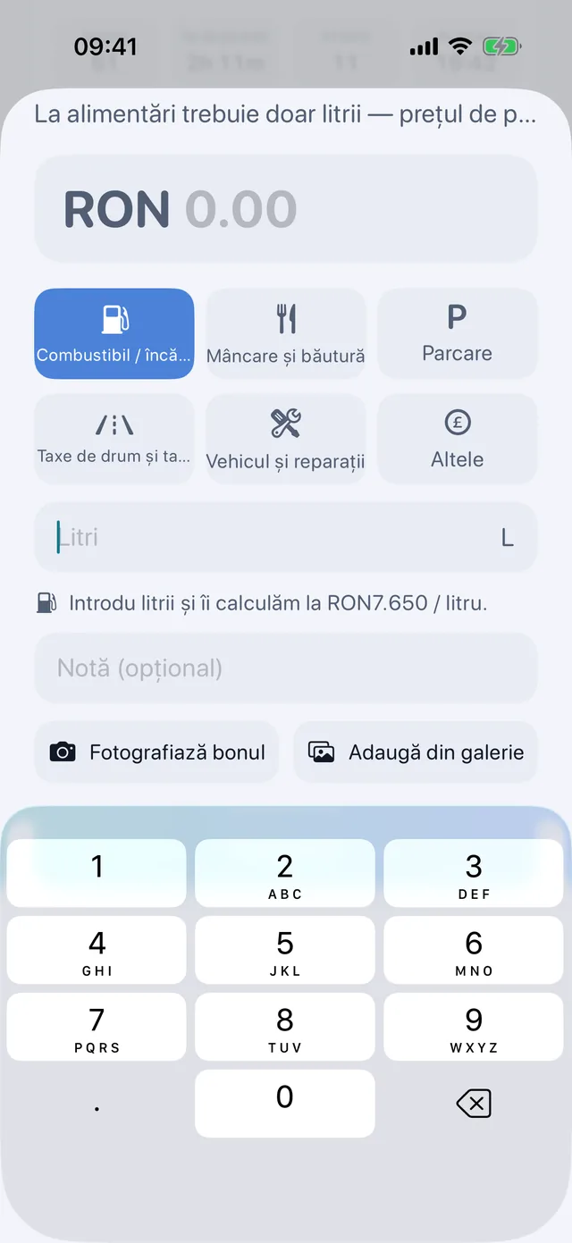 Cheltuieli — Motorină, mâncare, parcare, taxe de drum.