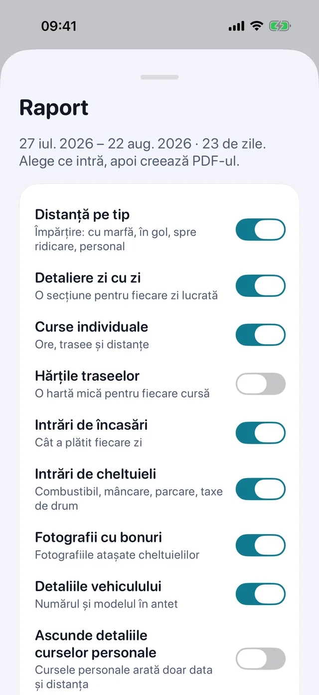 Fișa raportului: comutatoare pentru curse, încasări, cheltuieli și poze de bonuri, apoi PDF-ul.