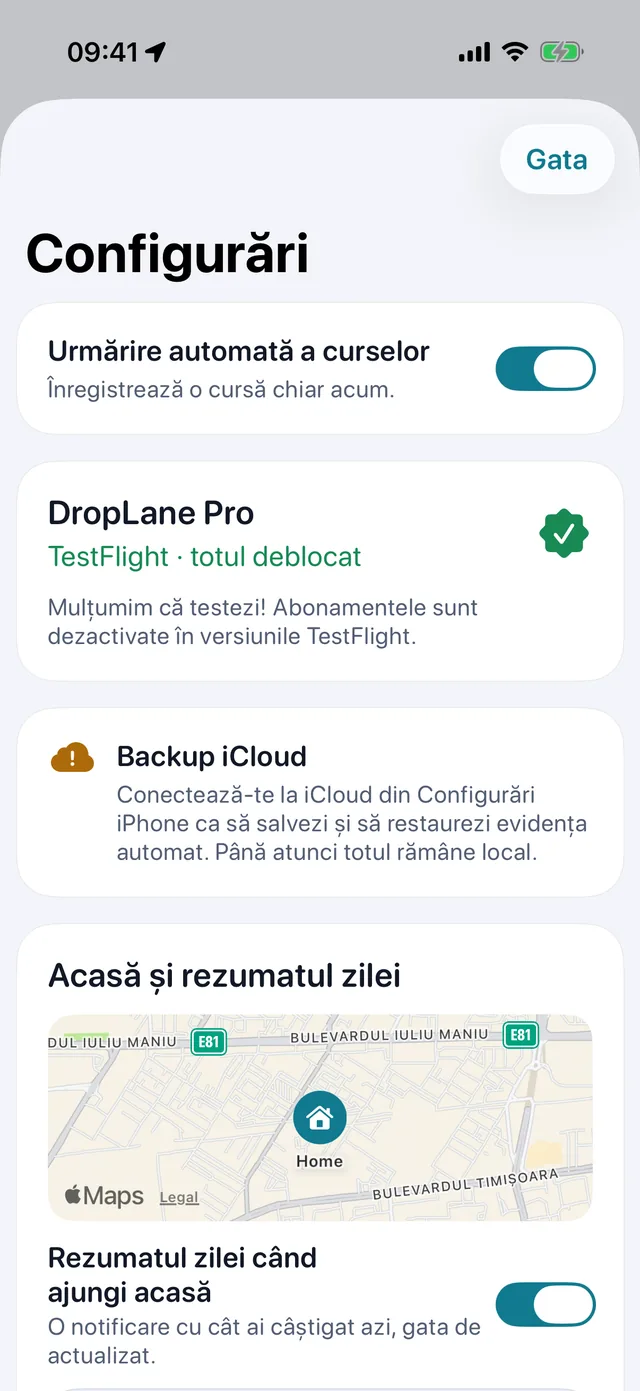 Setări — Kilometri sau mile. Luminos sau întunecat.