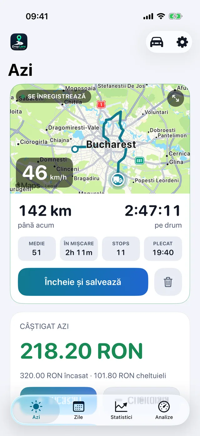 Ecranul Azi din DropLane: o cursă care se înregistrează pe hartă, cu distanța, orele și încasările zilei.