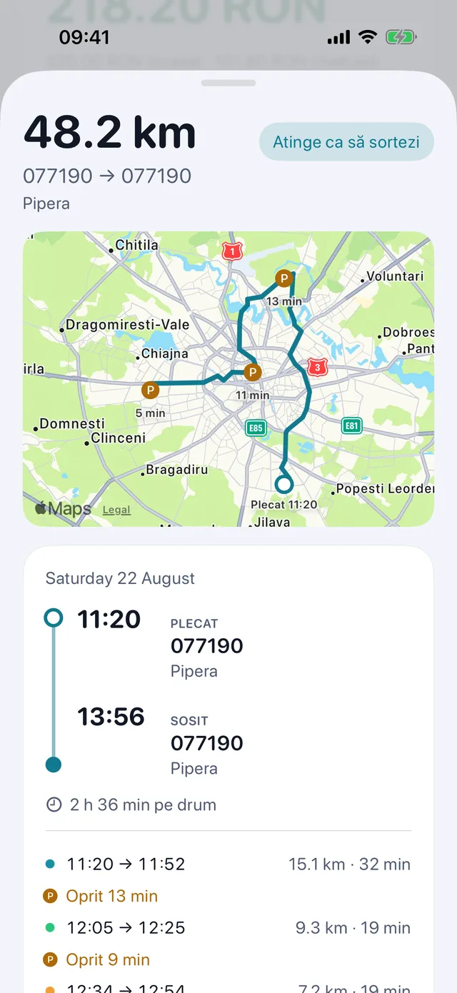 O cursă — Ore, opriri și ce fel de kilometri.