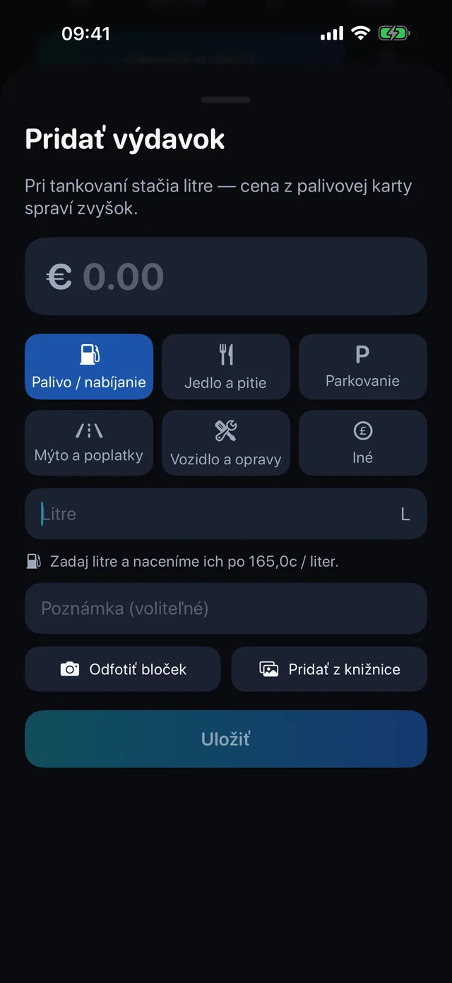 Náklady — Palivo, jedlo, parkovanie, mýto.