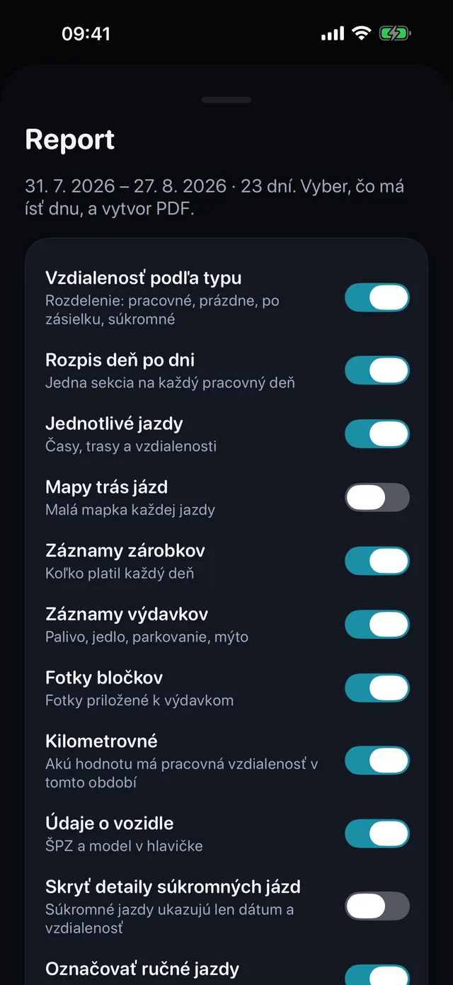 Report sa postaví sám — Zaškrtni, čo má byť vnútri, vyber na výšku alebo na šírku — a PDF pre účtovníka je pripravené na odoslanie.