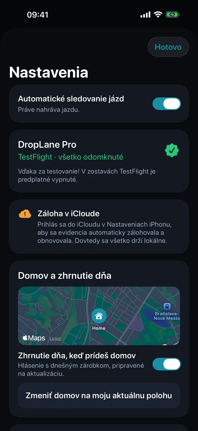 Nastavenia — Kilometre, alebo míle. Svetlá, alebo tmavá.