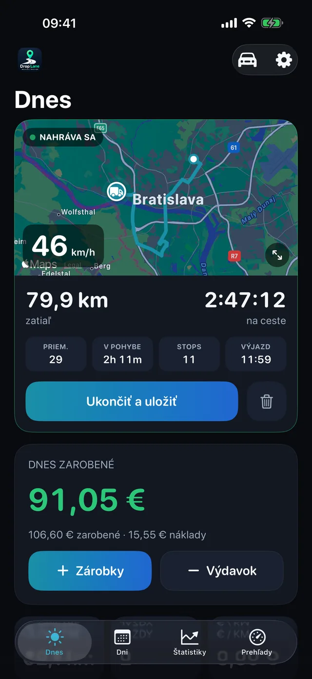 Obrazovka Dnes v DropLane: jazda sa nahráva na mape, s dennou vzdialenosťou, hodinami a tržbami.