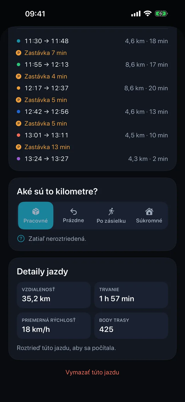 Triedenie jazdy — Pracovná, prázdna, po zásielku alebo súkromná.