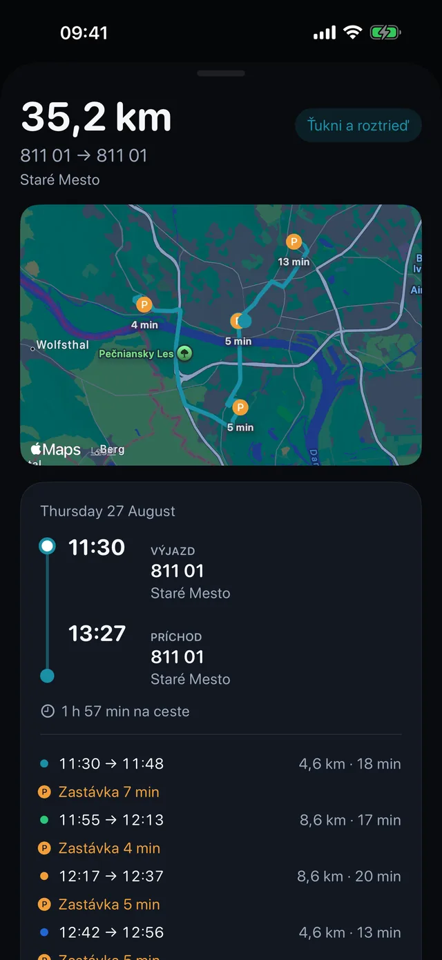Jedna jazda — Časy, zastávky a aké to boli kilometre.