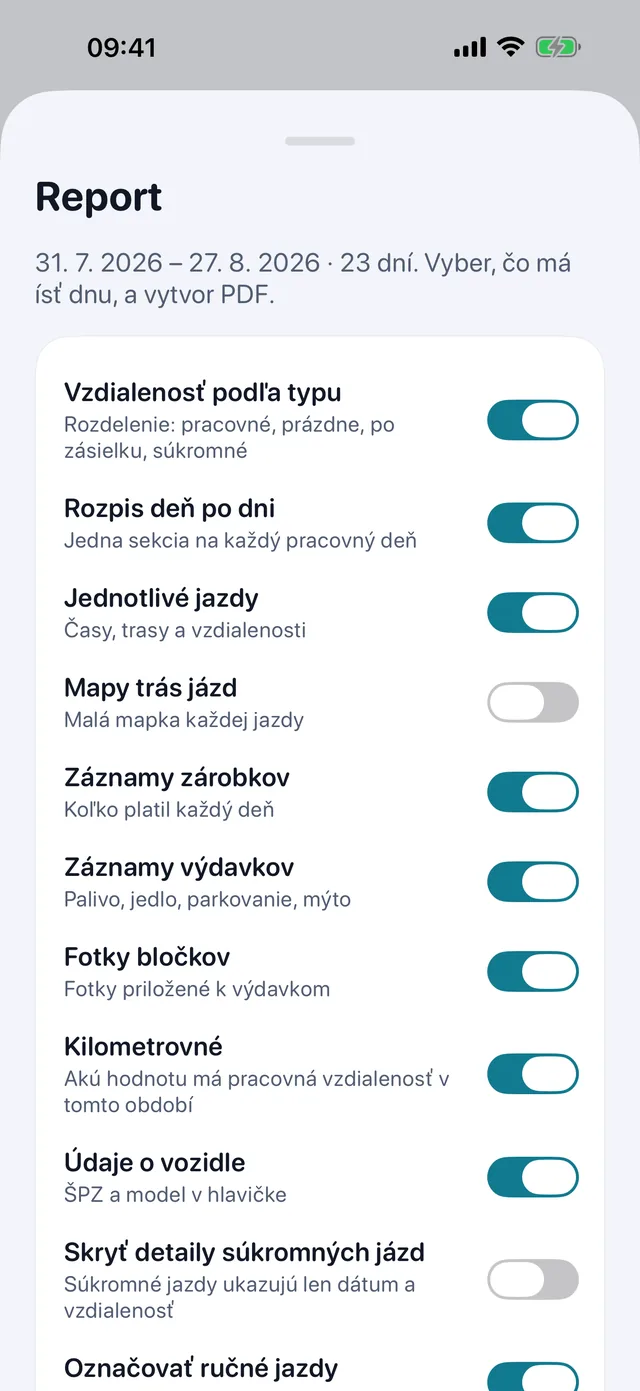 Report sa postaví sám — Zaškrtni, čo má byť vnútri, vyber na výšku alebo na šírku — a PDF pre účtovníka je pripravené na odoslanie.