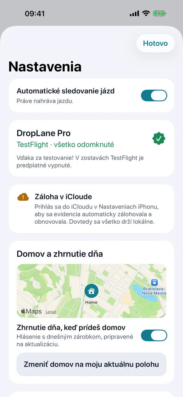 Nastavenia — Kilometre, alebo míle. Svetlá, alebo tmavá.