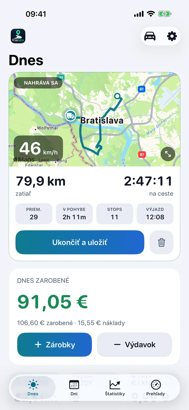 Obrazovka Dnes v DropLane: jazda sa nahráva na mape, s dennou vzdialenosťou, hodinami a tržbami.