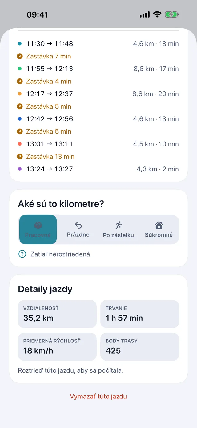 Triedenie jazdy — Pracovná, prázdna, po zásielku alebo súkromná.