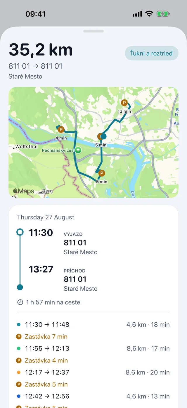 Jedna jazda — Časy, zastávky a aké to boli kilometre.