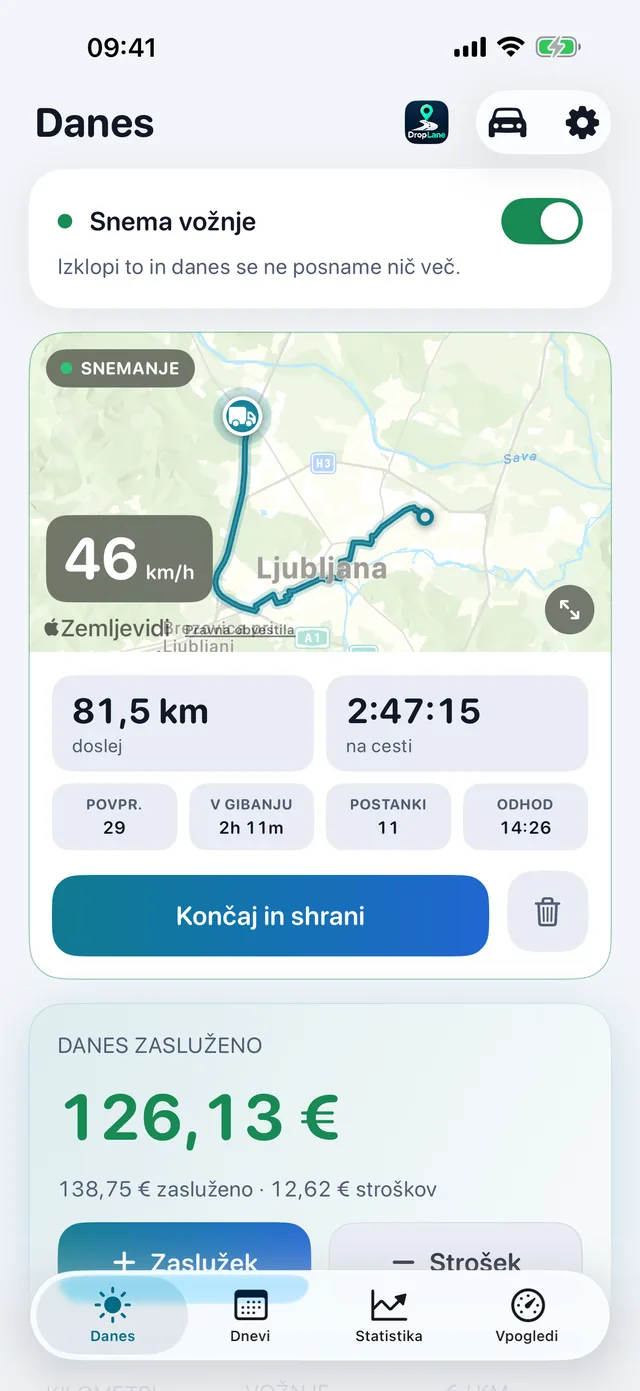 Zaslon Danes: vožnja, ki se beleži, in današnji zaslužek.