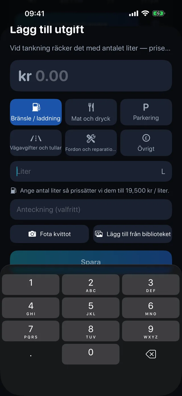 Kostnader — Bränsle, mat, parkering, vägavgifter.