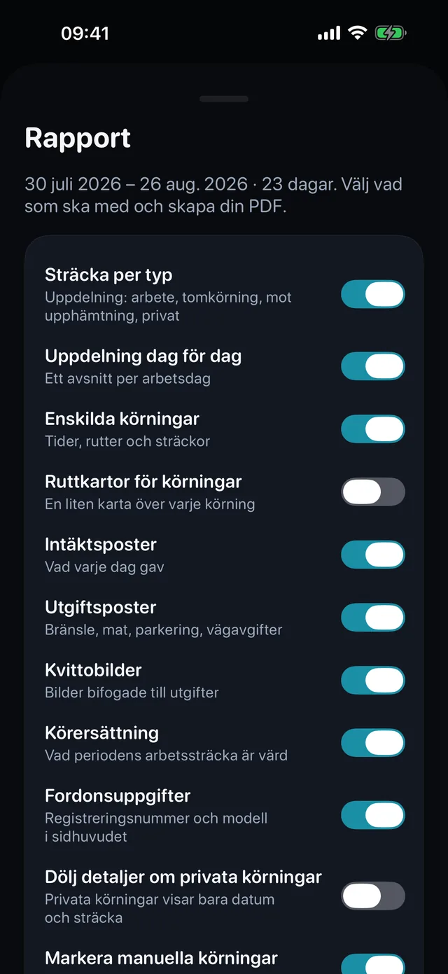 Rapporten bygger sig själv — Bocka för vad som ska med, välj stående eller liggande, så är PDF:en till revisorn redo att skickas.