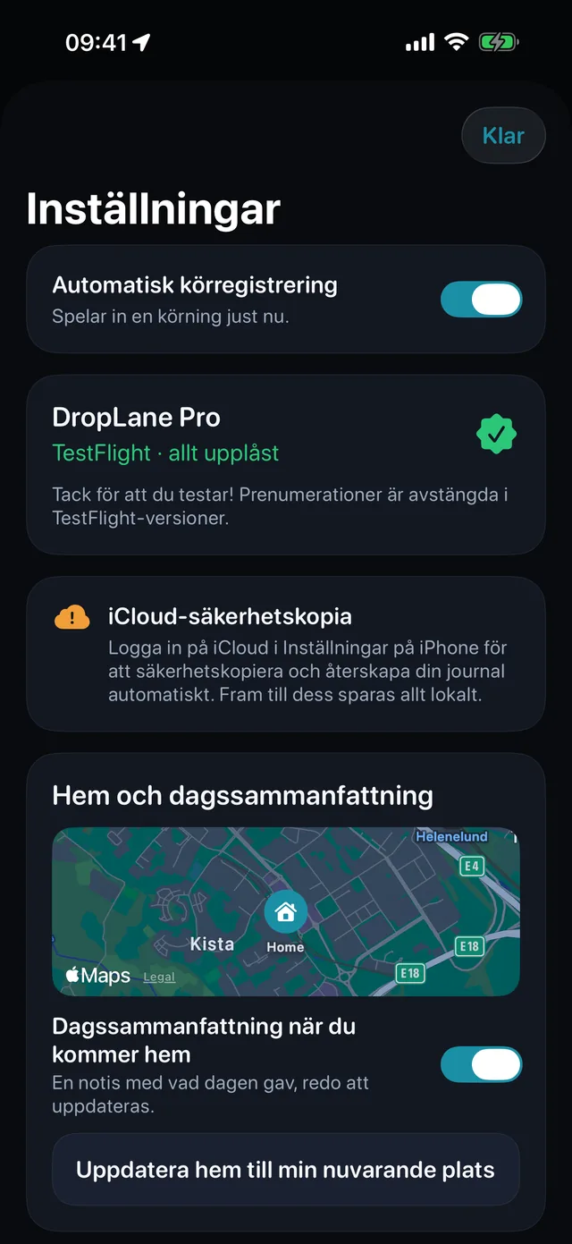 Inställningar — Kilometer eller miles. Ljust eller mörkt.