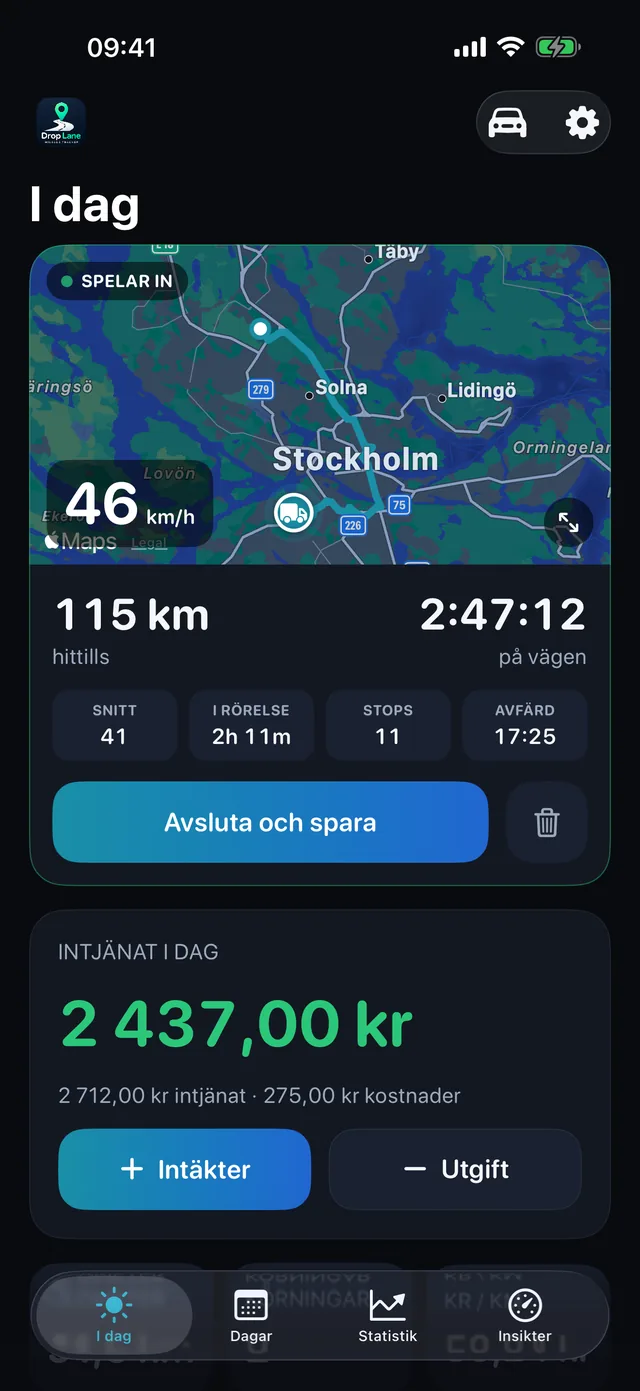 DropLanes I dag-skärm: en körning som registreras på kartan, med dagens sträcka, timmar och intäkter.