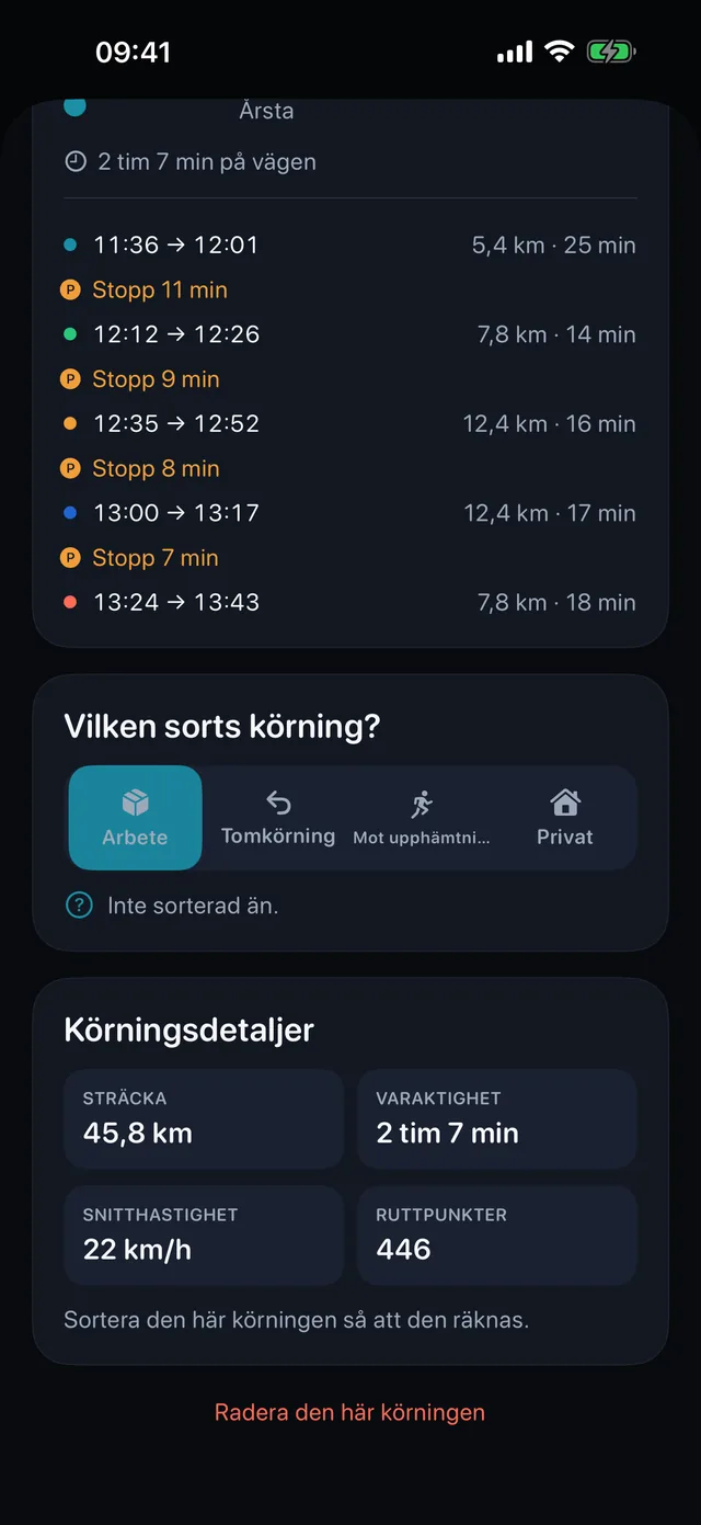 Sortera en körning — Arbete, tomkörning, mot upphämtning eller privat.